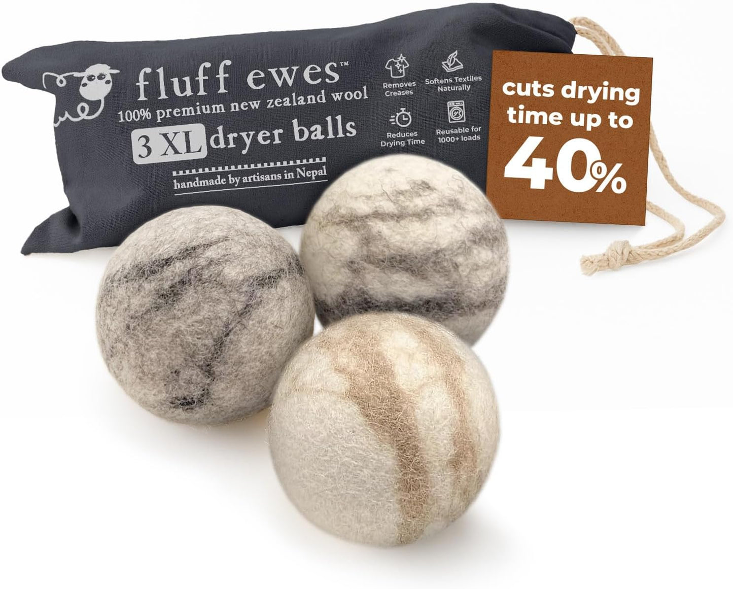 Fluff Ewes Wool Dryer Balls 3 Pack Premium New Zealand Wool Laundry Balls for Dryer, No Static Dryer Balls Laundry Reusable Cute, XL Wool Dryer Balls Cute, Baby Dryer Balls for Dryers - Marble
