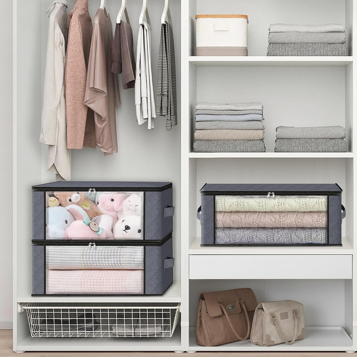 HomeHacks Storage 10-Pack Clothes Organizer Storage Bags Foldable Storage Box with Large Clear Window Sturdy Handles for Closet, Dorm, Pillows, Bedding, Clothes, Blankets, 35L, Grey