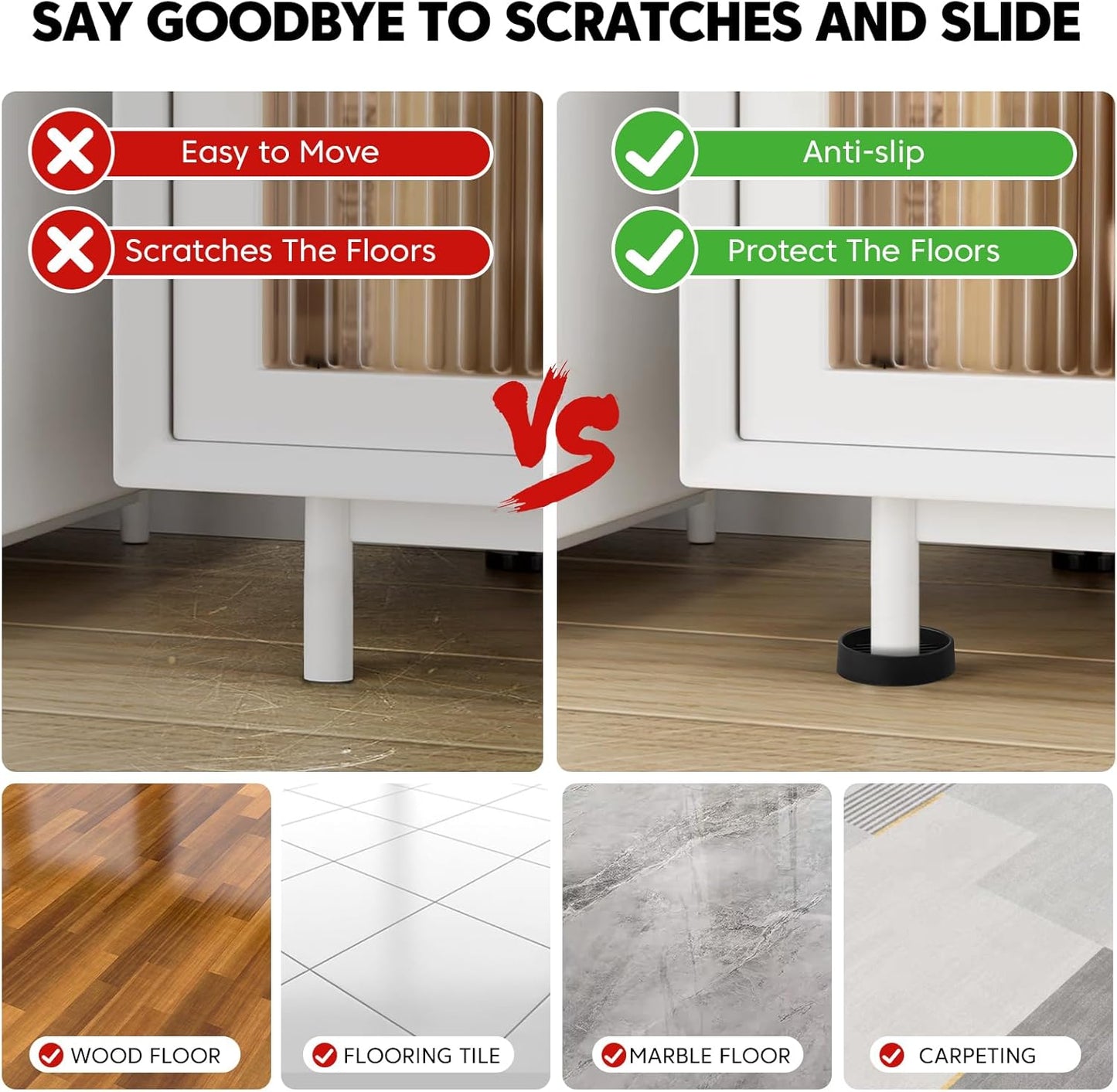 Rubber Furniture Pads Non Slips Furniture Casters Cup Chair Leg Floor Protectors for Bed Sofa Table and Chair Stopper (Pack of 8,Black 1.5" x 1.5" Round)