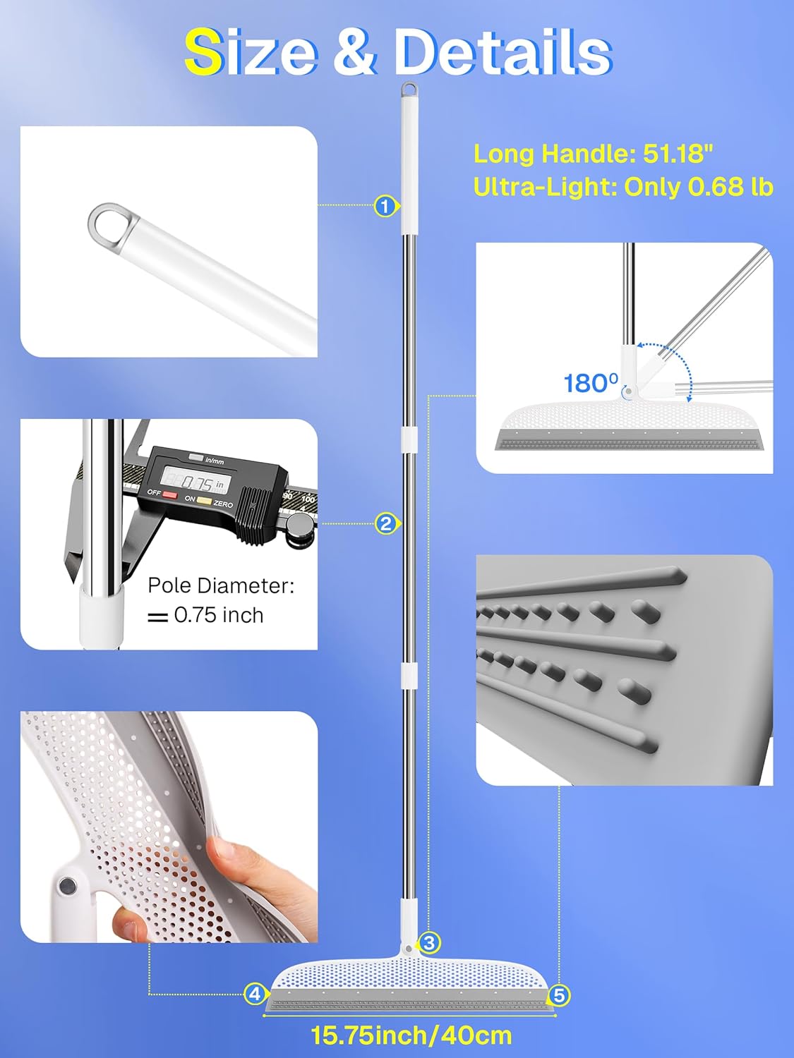 Silicone Floor Squeegee & Broom – Long Handle Hair Remover for Water, Pet Hair – for Bathroom, Tile, Concrete, Garage, Deck, Glass – Indoor Outdoor Cleaning Tool – White (15.7 inch)