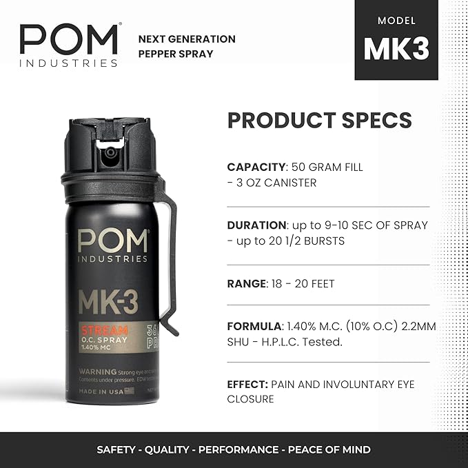 POM MK3 Pepper Spray, Belt Clip Model, Maximum Police Strength OC with UV Marking Dye, Quick Flip Top Safety, 360° Performance at Any Angle, Powerful Accurate Stream, 18 ft Range, 1.8 fl oz