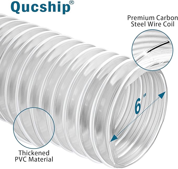 PVC Dust Collection Hose 6" x 5'- Heavy PVC Fume Collection Hose for Workshop, Woodworking, Dust Collection Systems
