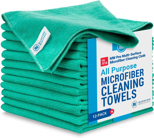 MW Pro Microfiber Cleaning Cloth | Green (12 Pack) | Size 16" x 16" | All Purpose Microfiber Towels - Clean, Dust, Polish, Scrub, Absorbent