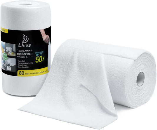 LIVOS Microfiber Cleaning Cloth Roll - 80 Pack, Reusable Paper Towels, White Tear Away, Microfiber Towels for Car, Super Absorbent Lint Free Cleaning Rags for House, Kitchen,Window- 11.5"x11.5"