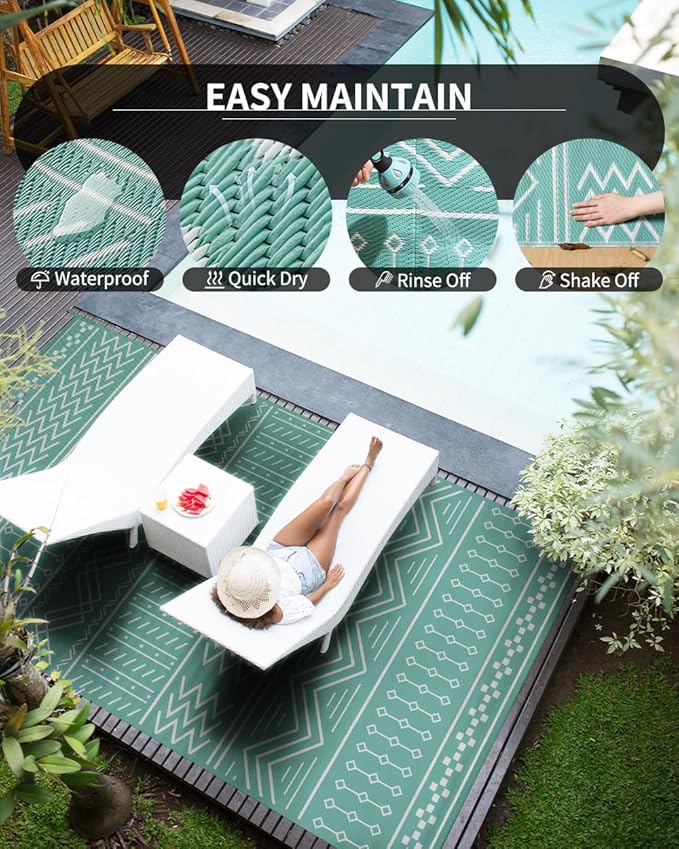 Outdoor Rug Carpet Waterproof 6x9 ft Patio Rug Mat Indoor Outdoor Area Rug for RV Camping Picnic Reversible Lightweight Plastic Straw Outside Rug for Patio Decor Decoration Boho Rug Turquoise White