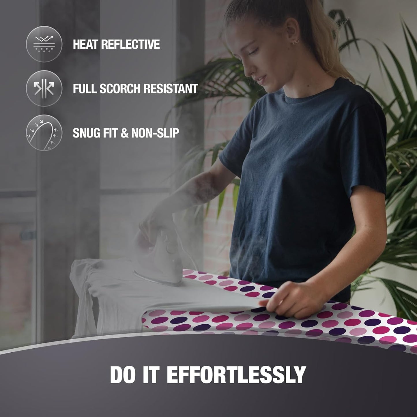 Extra Thick Ironing Board Covers with Pad Standard Size 15x54, Snug Fit Adjustable Drawstring Tightening with Stopper, Heat Reflective Coating, Nose Pocket and Fastener Straps, Polka Dots