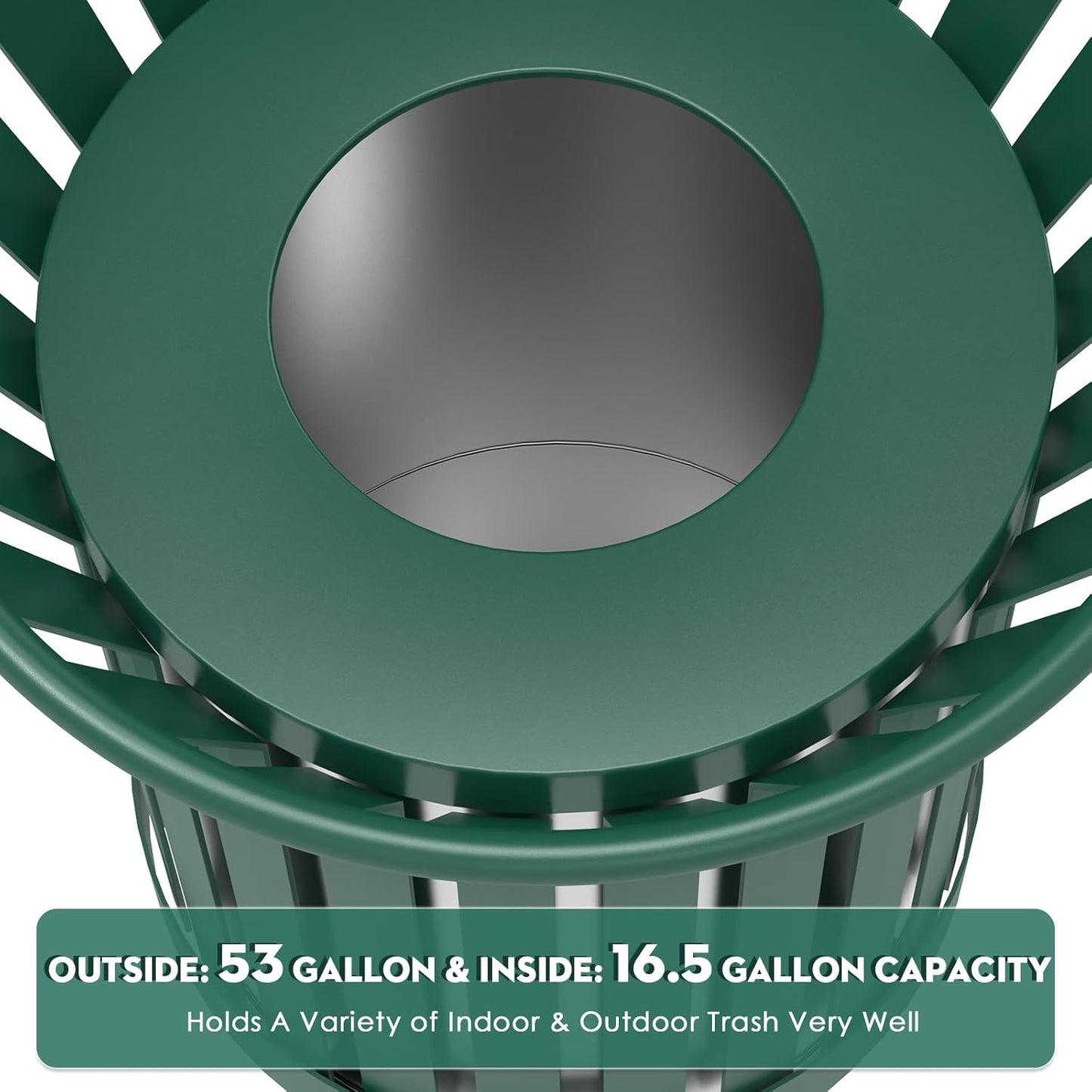 Round Heavy Duty Outdoor Trash Can, Large Metal Slatted Garbage Can for All Weather Resistant, Commercial Garbage Cans, Waste Receptacle in Park, Beach, Patio (Green, Large)