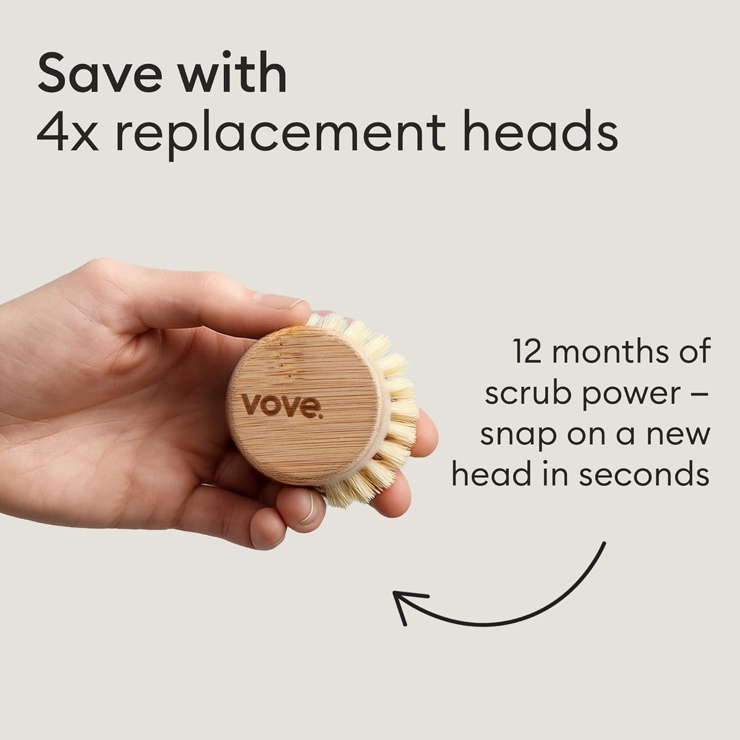 Vove Bamboo Dish Brush Replacement Heads, 4 Pack - FSC-Certified Bamboo - Natural Fiber Bristles - Compatible with Vove Dish Brush - Non-Toxic, Plastic-Free