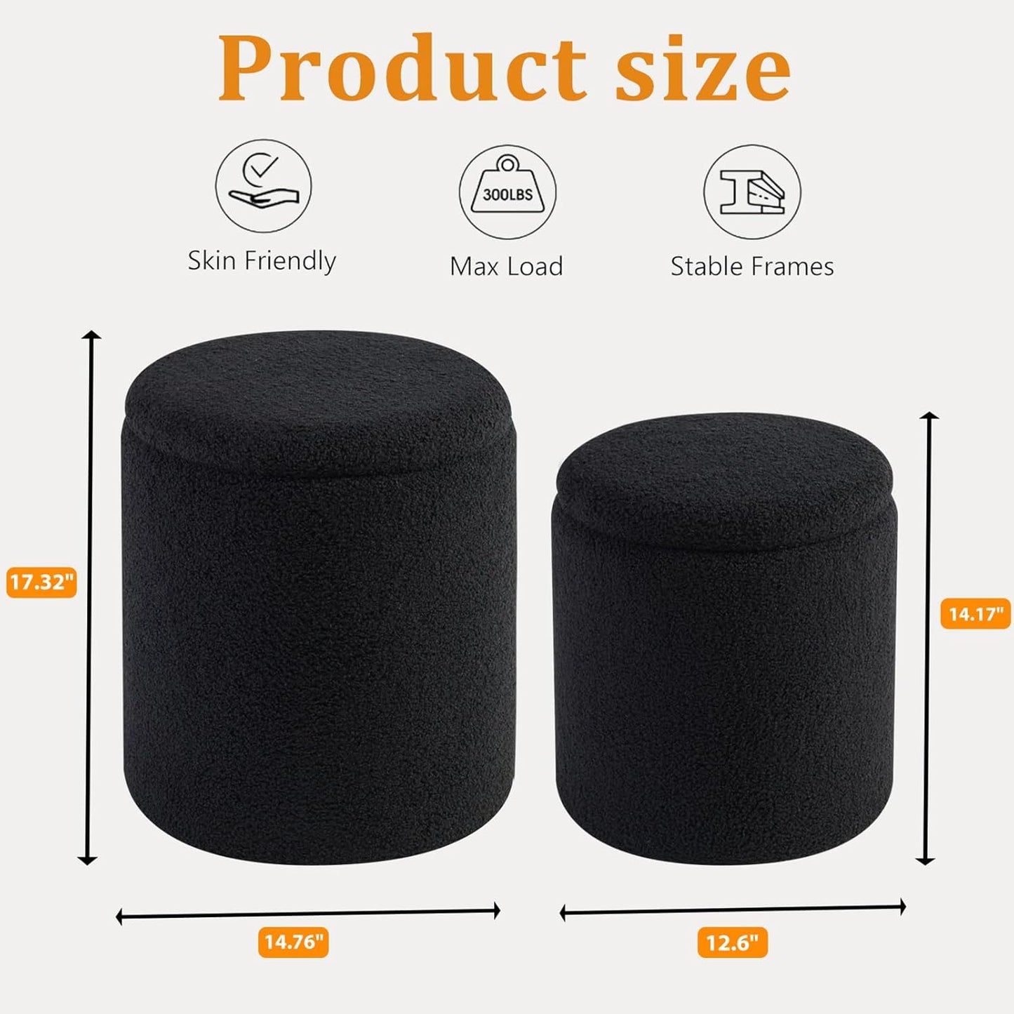 Round Ottoman with Storage Set of 2-Upholstered Sherpa Vanity Stool for Makeup Multifunctional Ottomans Coffee Table Padded Seat Foot Rest for Living Room&Bedroom(Sherpa, Black)
