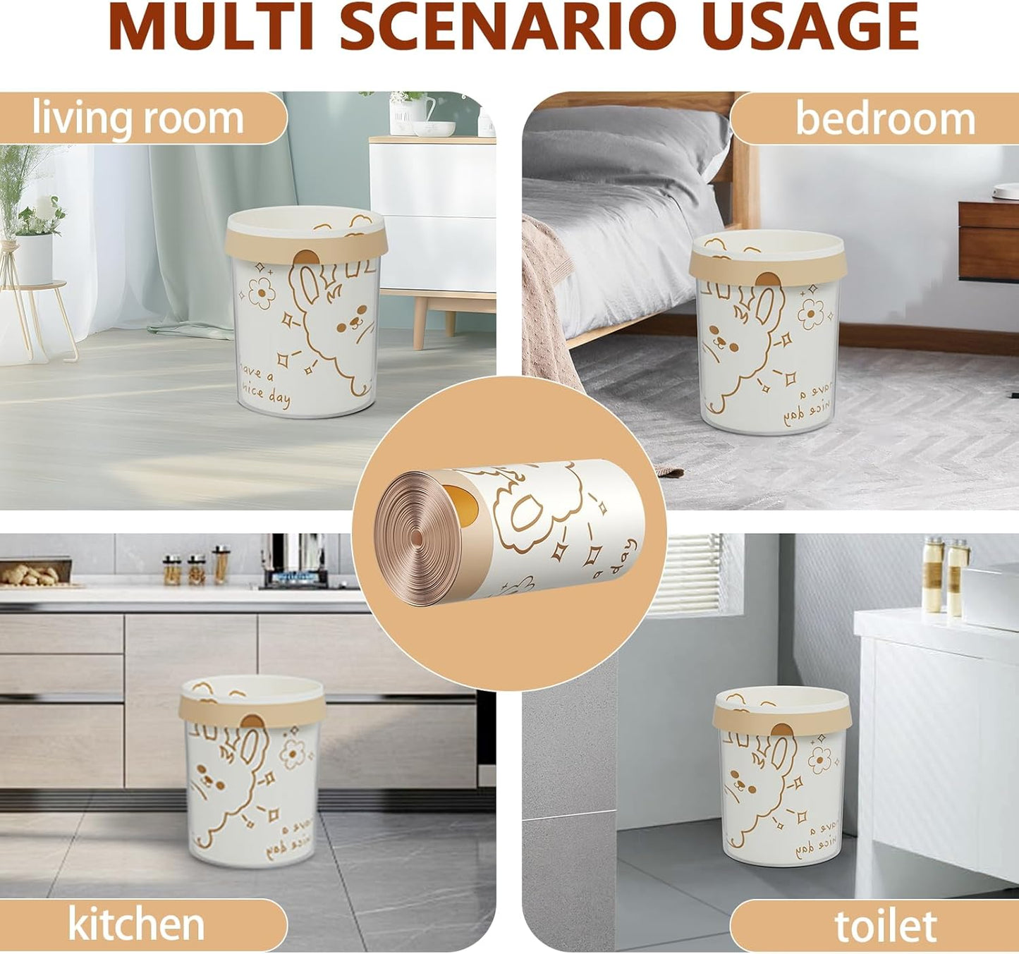 4 Gallon Trash Bags with Cute Rabbit Printed & Drawstring, Tear-Resistant Small Bathroom Garbage Bags, Heavy-Duty Trash Can Liners for Home/Office, 180 Counts