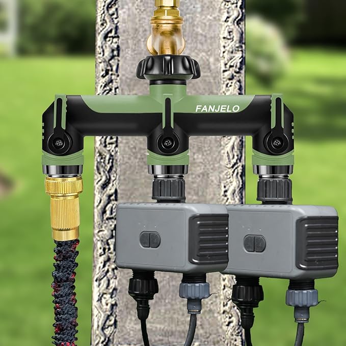 3 Way Hose Splitter, Heavy Duty Garden Water Hose Bib Spigot Splitter, Outdoor Faucet Splitter with Shutoff Valve, Garden Hoses Connector for T Adapter, 3/4 - Inch GHT Thread (Green)