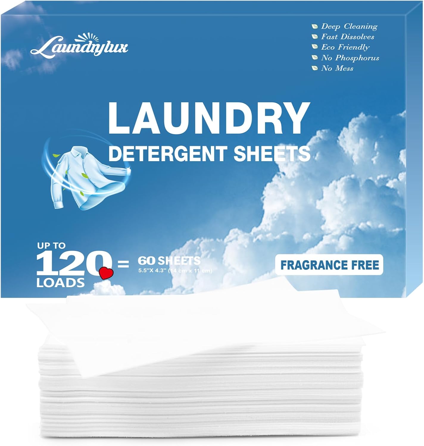 Laundry Detergent Sheet, Eco-Friendly & Hypoallergenic Wash Strips, Natural Ingredients, Ultra-Concentrated, Travel-Ready, No Plastic Jug- Unscented, (120 Loads) 60 Sheets