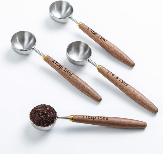 4PCS Wood Scoops for Jars Wooden Scoops for Canisters 1Tbsp Measuring Spoons for Coffee Bean Powder Coffee Scoop Measuring Scoop for Salt Sugar Multipurpose-Black Walnut+304 Stainless Steel