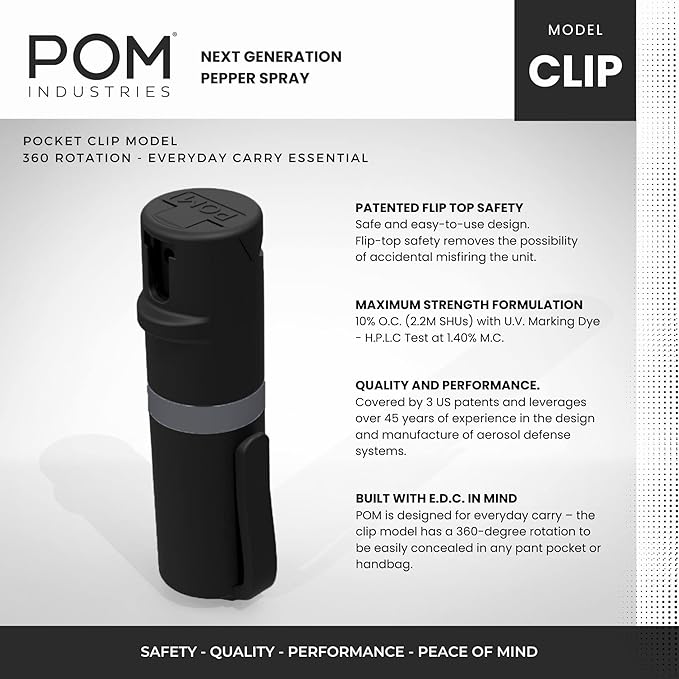 POM Pepper Spray Pocket Clip, Quick Flip Top Safety, Maximum Strength OC Formula with UV Marking Dye, Safe Compact and Tactical Design for Everyday Carry, 25 Bursts, 10 ft Range, 0.5 fl oz