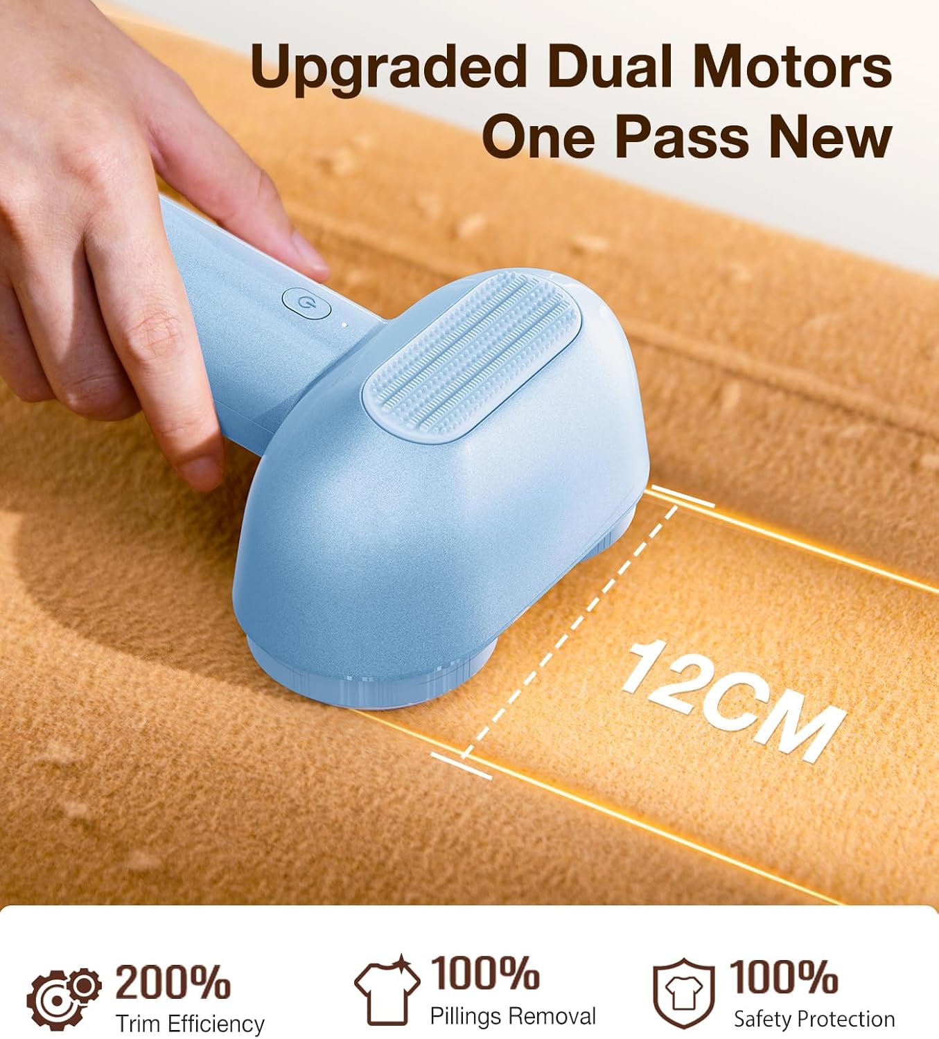 TORRAS Dual-Head Fabric Shaver, Longest Durability & 50ml Large Capacity Rechargeable Lint Removers to Remove Pills, 6-Leaf Blades Defuzzer, Electric Shaver for Clothes Couch Furniture, Sky Blue