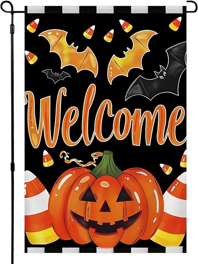 Welcome Halloween Garden Flag 12X18 Inch Double Side,Pumpkin Jack O Lantern Yard flag,Bat Outside Small Garden Flag Decorative,Outdoor Flag for Holiday Patio Courtyard Lawn
