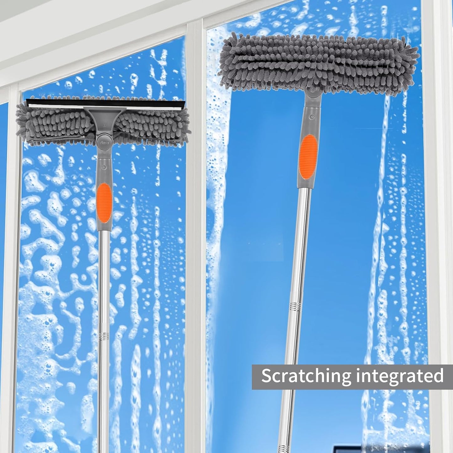 Professional 72'' Window Squeegee Cleaning Washing Tool/Kit with Extension Pole, 3 in 1 Squeegee for Window Cleaning Kit for High Window with 1 Rotatable Head 4 Interchangeable Scrubber