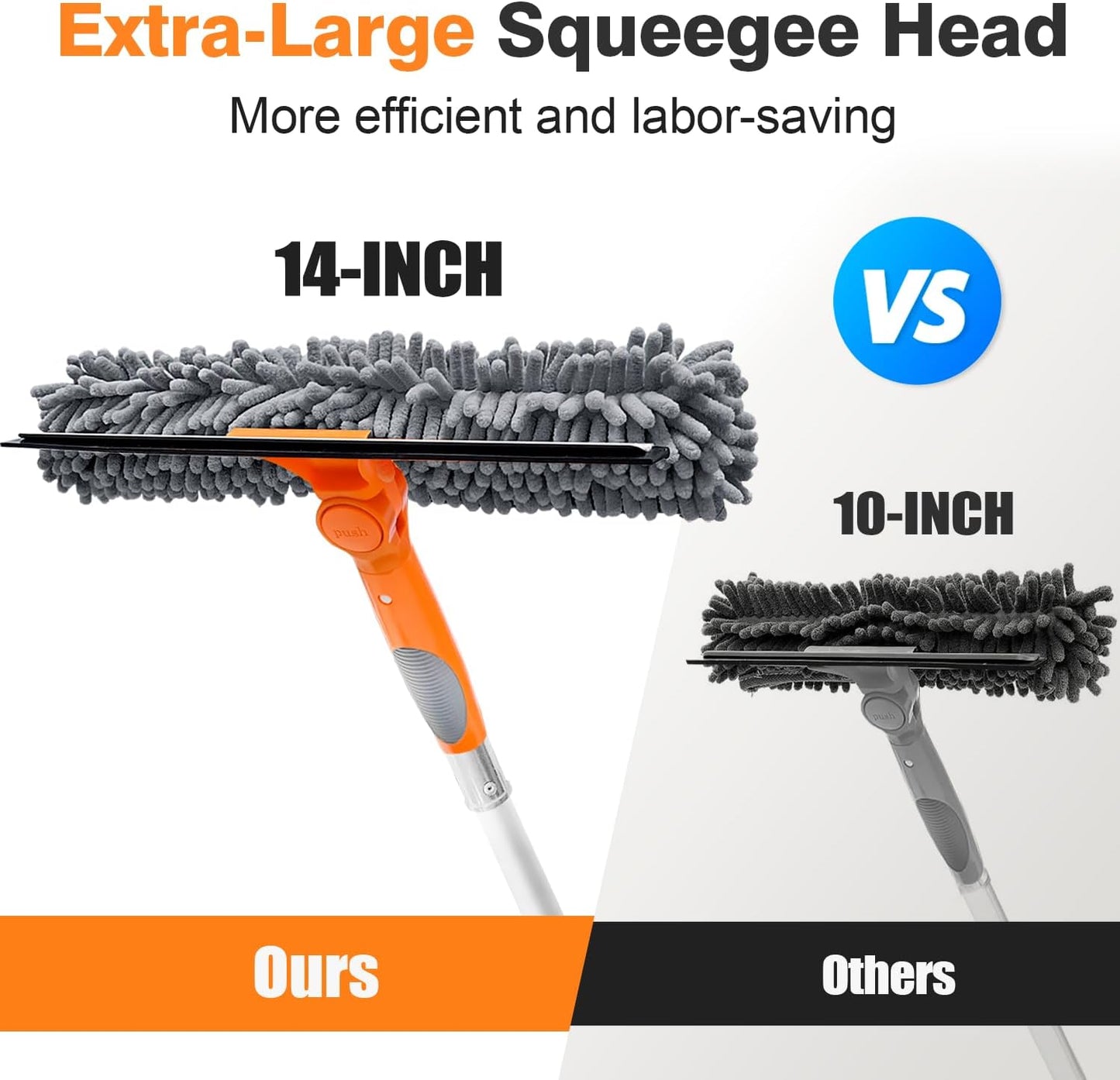 5-12ft Squeegee & 20Ft Reach Window Washer - 14" Extra-Large 2-in-1 Window Cleaner Tool with Extra-Thick Aluminum Telescopic Extension Pole for Indoor/Outdoor, RV, Truck Glass