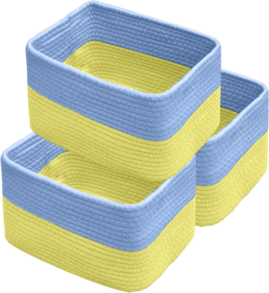 Hopegiver Woven Storage Baskets 11x8x7 Inch, 3 Pack Collapsible Cube Storage Bin for Shelves - Foldable Cotton Rope Organizer Bins for Towels, Toys, Books, Closet, Nursery (Blue Yellow)