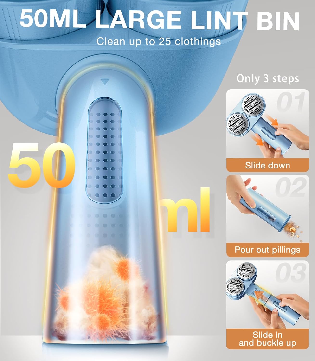 TORRAS Dual-Head Fabric Shaver, Longest Durability & 50ml Large Capacity Rechargeable Lint Removers to Remove Pills, 6-Leaf Blades Defuzzer, Electric Shaver for Clothes Couch Furniture, Sky Blue