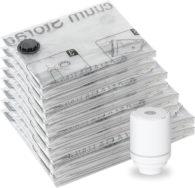 SUOCO 8 Combo Vacuum Storage Bags with Electric Pump, (2 Jumbo, 2 Large, 2 Medium, 2 Small) Travel Clothes Space Saver Bags, Compression Airtight Seal Bags for Clothing, Pillows, Comforters, Blankets