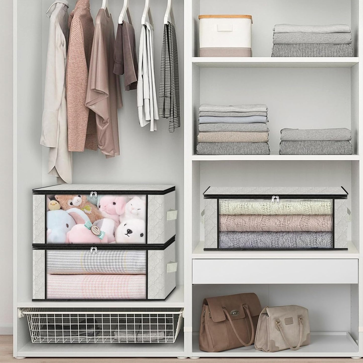 HomeHacks Storage 8-Pack Clothes Organizer Storage Bags Foldable Storage Box with Large Clear Window Sturdy Handles for Closet, Dorm, Pillows, Bedding, Clothes, Blankets, 35L, Ivory