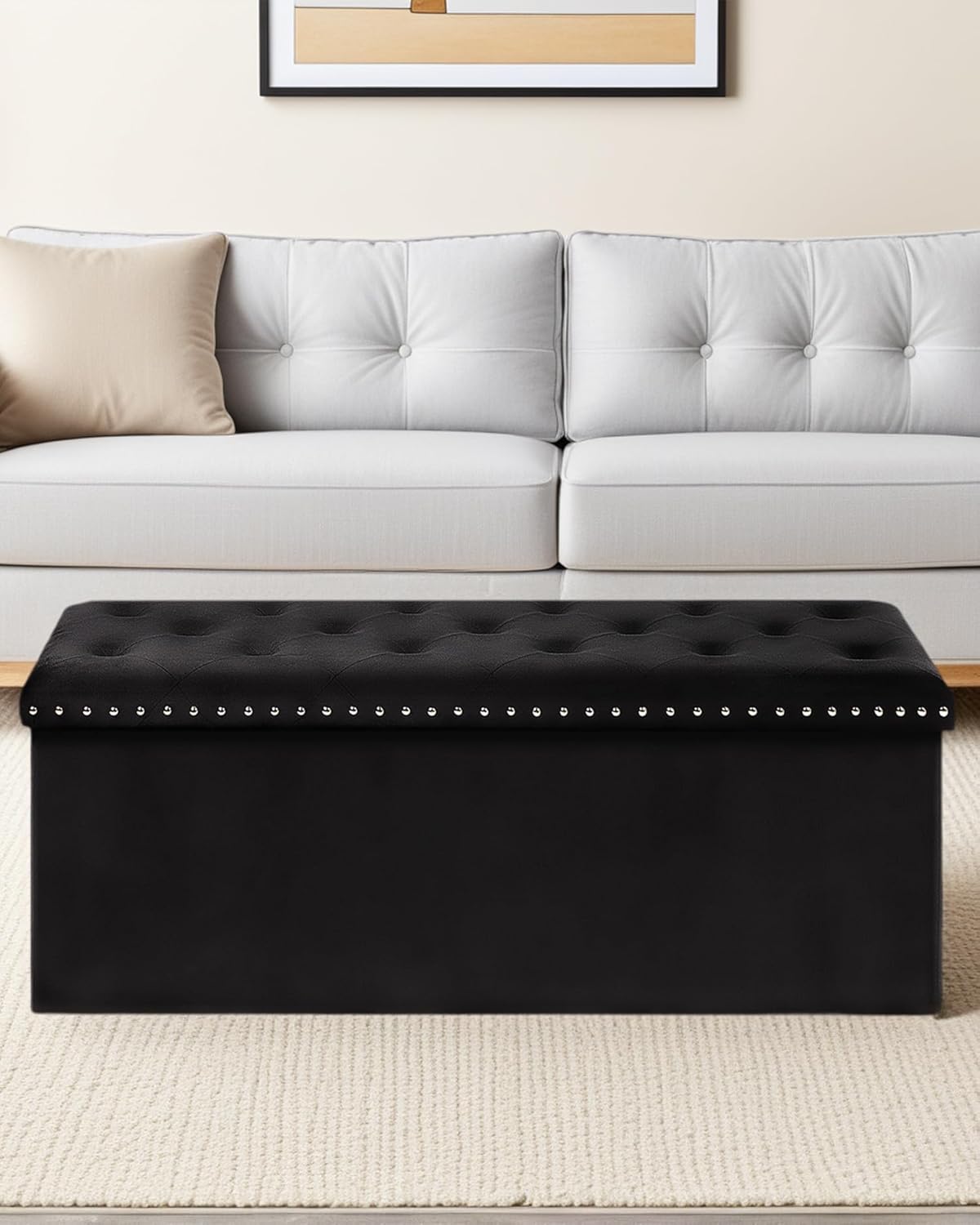 Velvet Storage Ottoman Bench, 43.3" Folding Ottoman with Rivet Trim, Heavy-Duty Upholstered Entryway Bench, Sturdy Footrest and Seat for Bedroom, Living Room, Holds up to 660 LBS, Black