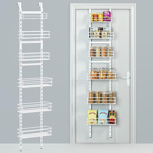 Adjustable 6-Tier Over the Door Pantry Organizer, Spice Rack, Narrow Hanging Shelf for Kitchen Storage and Organization (White)