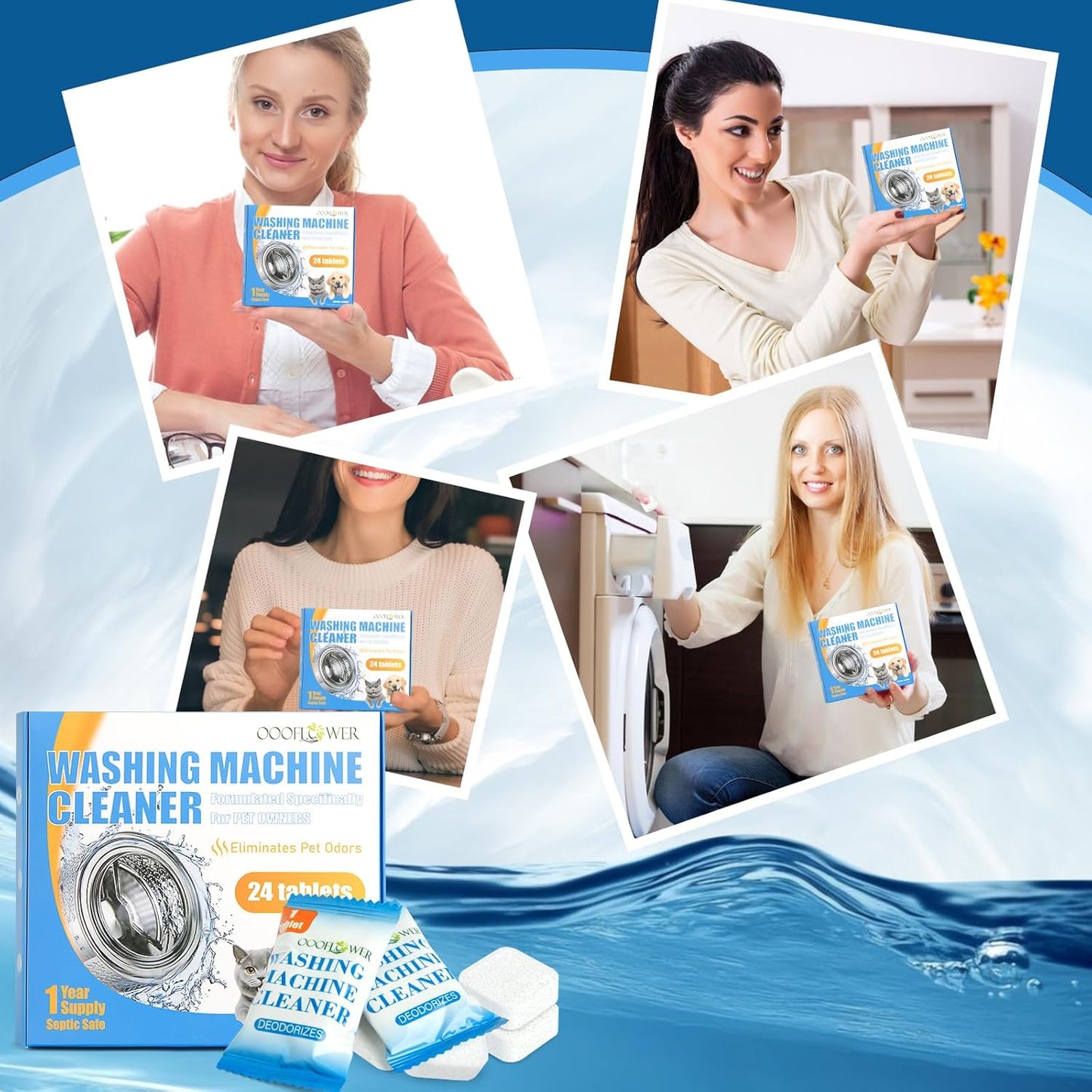 Washing Machine Cleaner Tablets 24 Pack, Formulated for Pet Owners, Deodorizer, Work with Top & Front Load, HE, Deep Cleaning Descaler, Removes Residue and Odors, Septic Safe