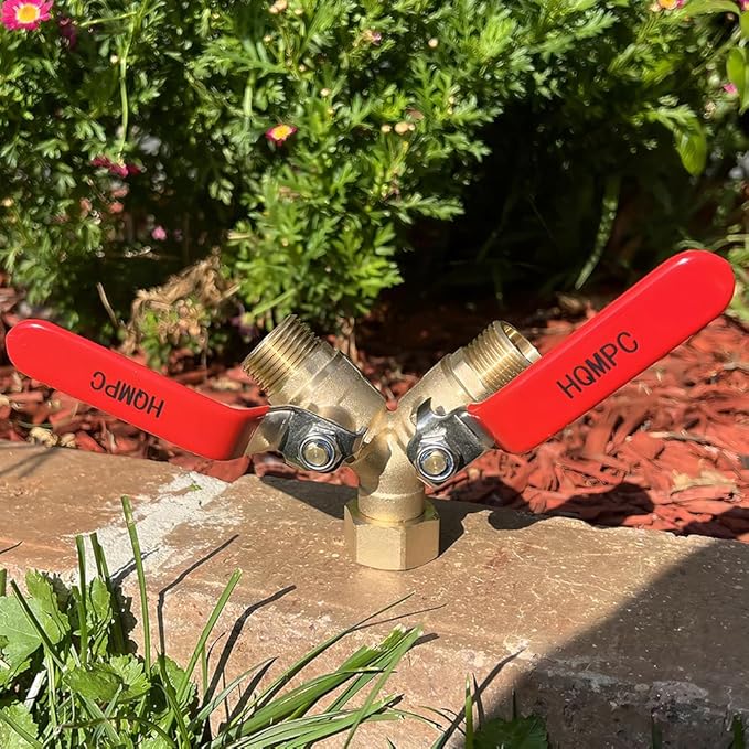 HQMPC Garden Hose Y Valve Hose Splitter Brass Hose Splitter With Stainless Steel Long Handle Brass Y Valve Water Garden Hose Adapter 2 Way Y Valve 3/4" GHT Thread