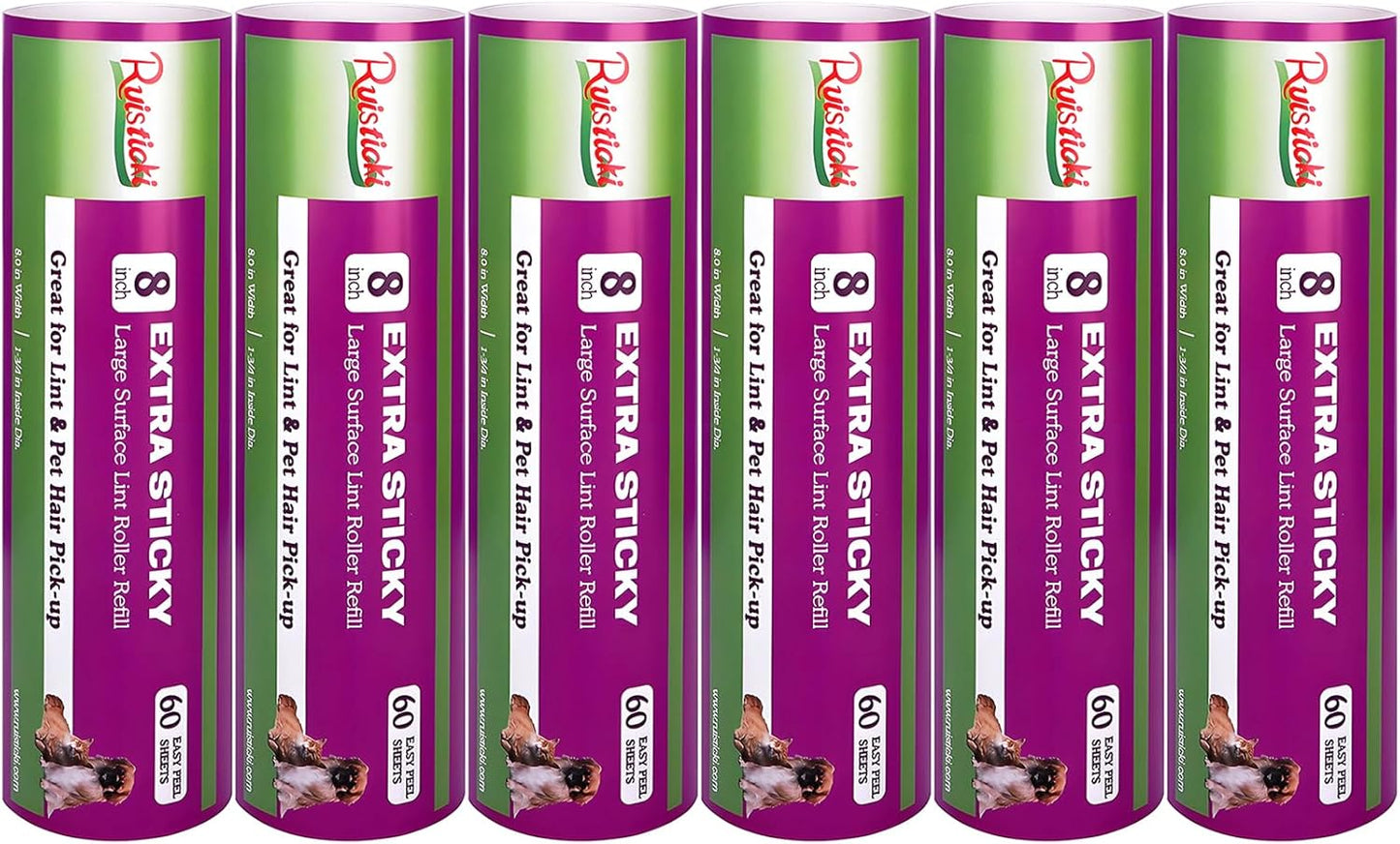 8 inch Large Surface Roller Refill Compatible with Scotch-Brite Pet Hair Pickup Extra Sticky Large Lint Roller Replacement 60 Easy-Tear Adhesive Sheets per Refill Pack of 6 Rolls 360 Sheets Total