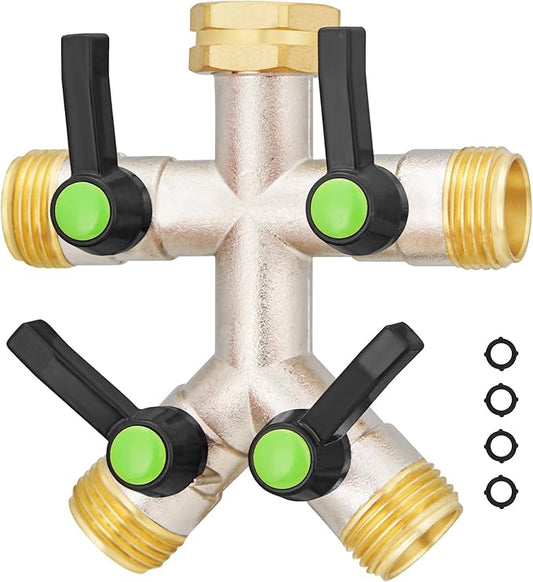 EJW 4 Way Hose Splitter, Heavy Duty Brass Garden Hose Splitter, outdoor faucet Divider 3/4" GHT Thread, Water Hose Splitters,Garden High Flow Hose Splitter,Garden Hose Adapter Connector.