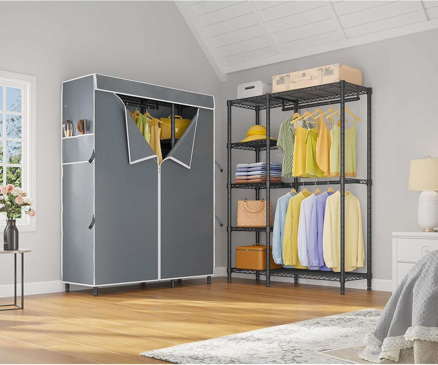 VIPEK V7C Garment Racks with Cover Portable Closets for Hanging Clothes, Heavy Duty Clothes Rack with Shelves Metal Closet Wardrobe, Max 670lbs, Black Rack with Grey Upgraded Polyester Cover