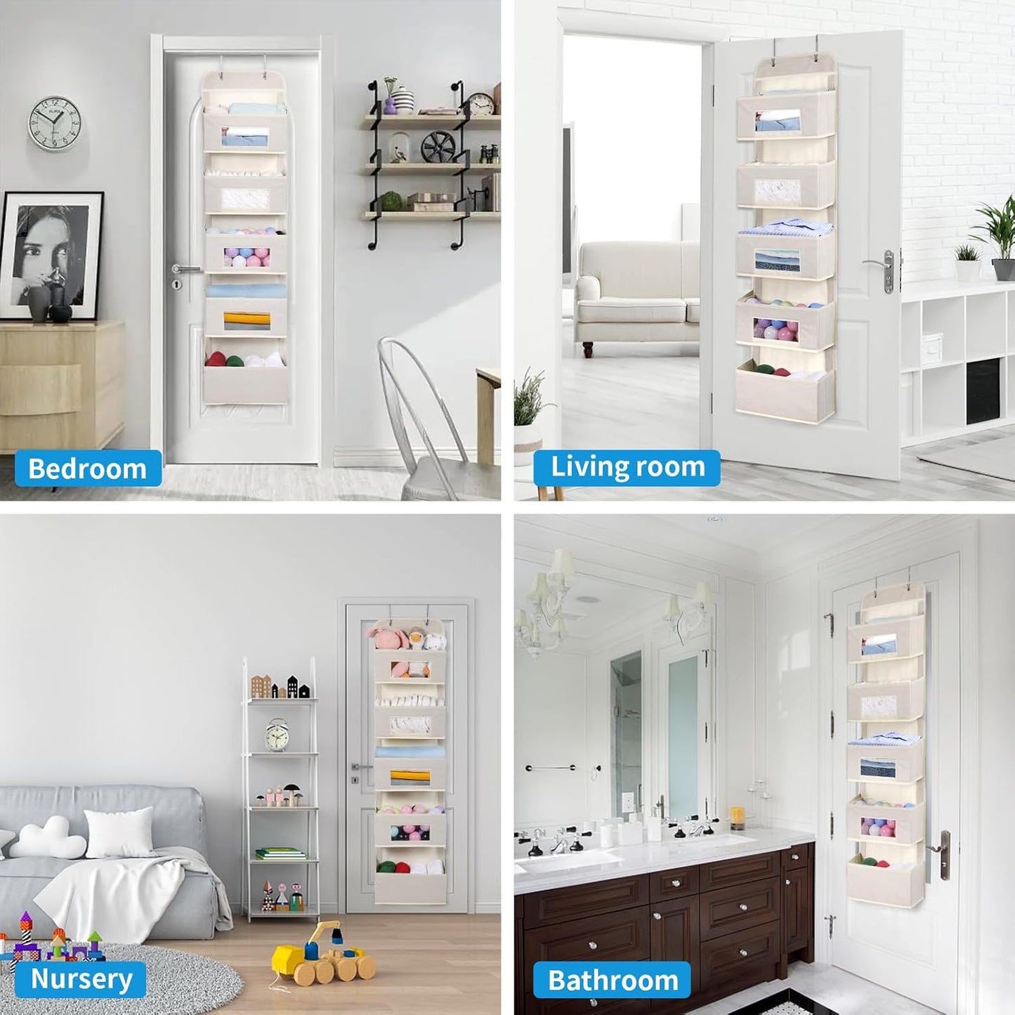 5-Shelf Over The Door Hanging Organizer with 2 Metal Hooks，5 Pocket Over The Door Wall Mount Storage with Clear Windows for Baby Nursery Bathroom Closet,Bedroom,Dorm(Beige-2 Pack)
