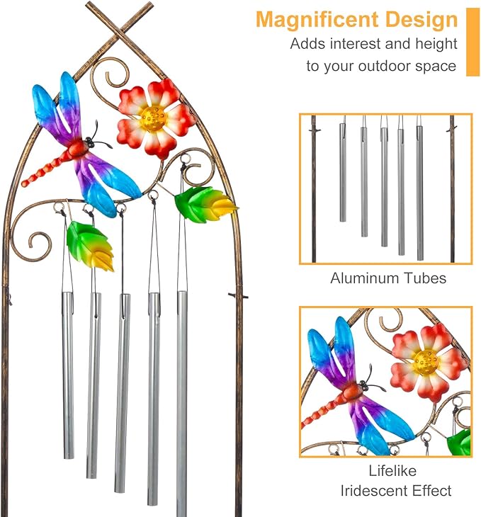 Garden Trellis with Plant Stands, 48” Metal Detachable Dragonfly Plant Pot Trellis with Wind Chimes for Climbing Plants Outdoor Lawn Patio Porches Decor