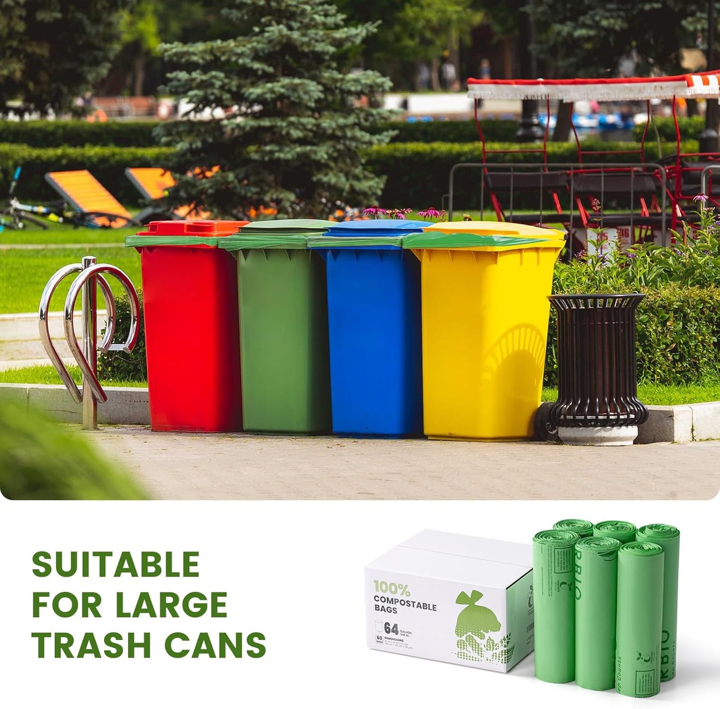 SUPERBIO 64 Gallon Compostable Yard Waste Bags, Lawn & Leaf Bags, 242.3L (60 Count Bulk), Heavy Duty 1.57 Mils, BPI and OK compost INDUSTRIAL