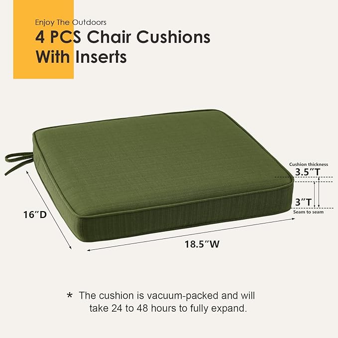 Outdoor Square Corner Seat Cushion, 18.5"x16"x3", Set of 4, Non Slip Seat Cushion Pads with Removable Cover for Patio Furniture, Garden Yard Lawn, Deep Forest Green