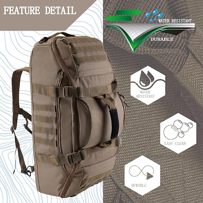Travel Gym Duffle Bag Tactical, Gear Bag for Men Women, Large Duffle Bag for Travel, 3 in 1 Shoulder Bag Backpack Handbag for Sports Hiking Camping, Water Resistant & Easy Clean (Khaki, 55L)