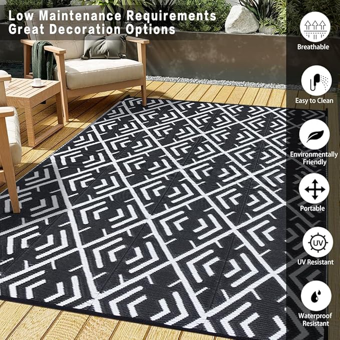 Outdoor Rug Mats, Large Waterproof Outdoor Area Rug, Reversible Portable Outdoor Plastic Straw Carpet for RV Deck Camping Front Door Indoor Outside Porch Picnic (5x8ft Geometric Black&White)