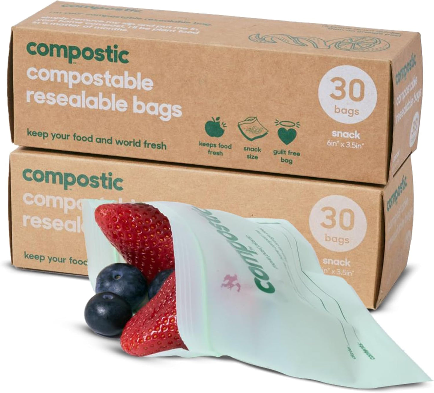 Compostic Home Compostable Resealable Snack Bags (6"x 3.5"), Microwave & Freezer Safe, Organic Food Storage Container, 30 Count (Pack of 2)