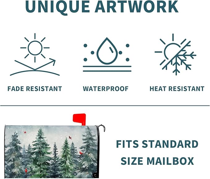 Winter Watercolor Tree Magnetic Mailbox Cover Large Size 25.5x21 Inch Christmas Dark Green Pine Trees Mail Box Post Cover Rustic Forest Red Bird Letter Box Wraps for Home Outdoor Garden Yard Decor