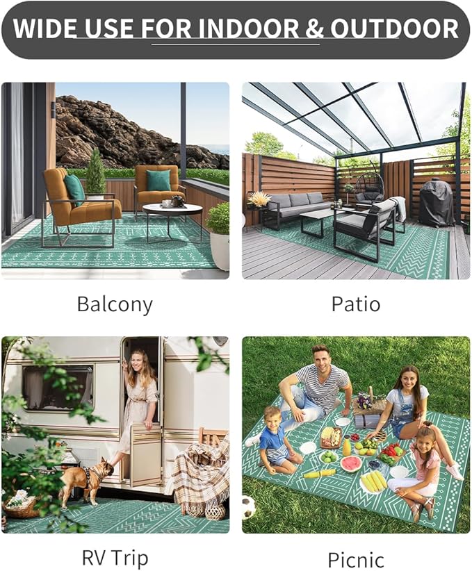 Outdoor Rug Carpet Waterproof 6x9 ft Patio Rug Mat Indoor Outdoor Area Rug for RV Camping Picnic Reversible Lightweight Plastic Straw Outside Rug for Patio Decor Decoration Boho Rug Turquoise White