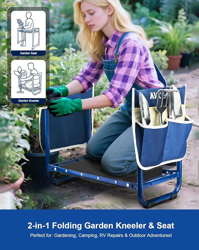 KVR Garden Kneeler and Seat Set 2025 Upgraded - Heavy Duty Foldable Bench Chair with 3 Tools & 2 Tool Pouch + Multi-Purpose Bag, Gardening Stool Gifts for Seniors, Women, Mom