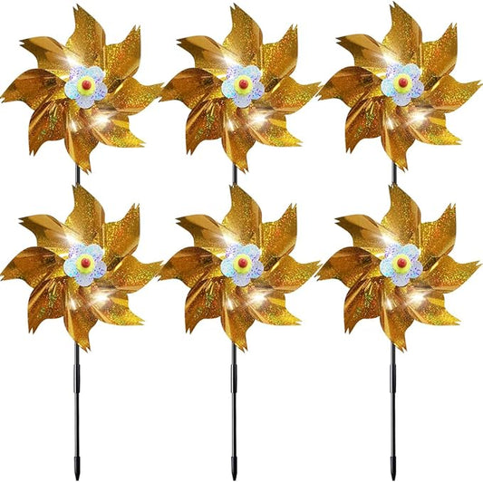 Sparkly Reflective Pinwheels with Stakes, Wind Spinners Outdoor Bird Scare Devices, Foil Pin Wheel Holographic Whirl Windmill for Yard Garden Decor Garden Wind Spinner 6 Packs - Gold