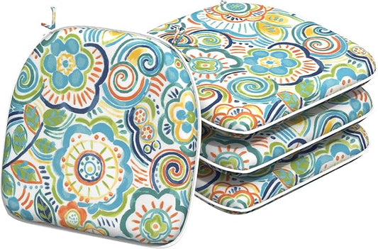 Indoor/Outdoor Chair Cushions 16x17 Inch, Patio Chair Cushions with Ties, All Weather Seat Cushions for Patio Furniture Home Garden Chair Use, Set of 4, Flower Blue