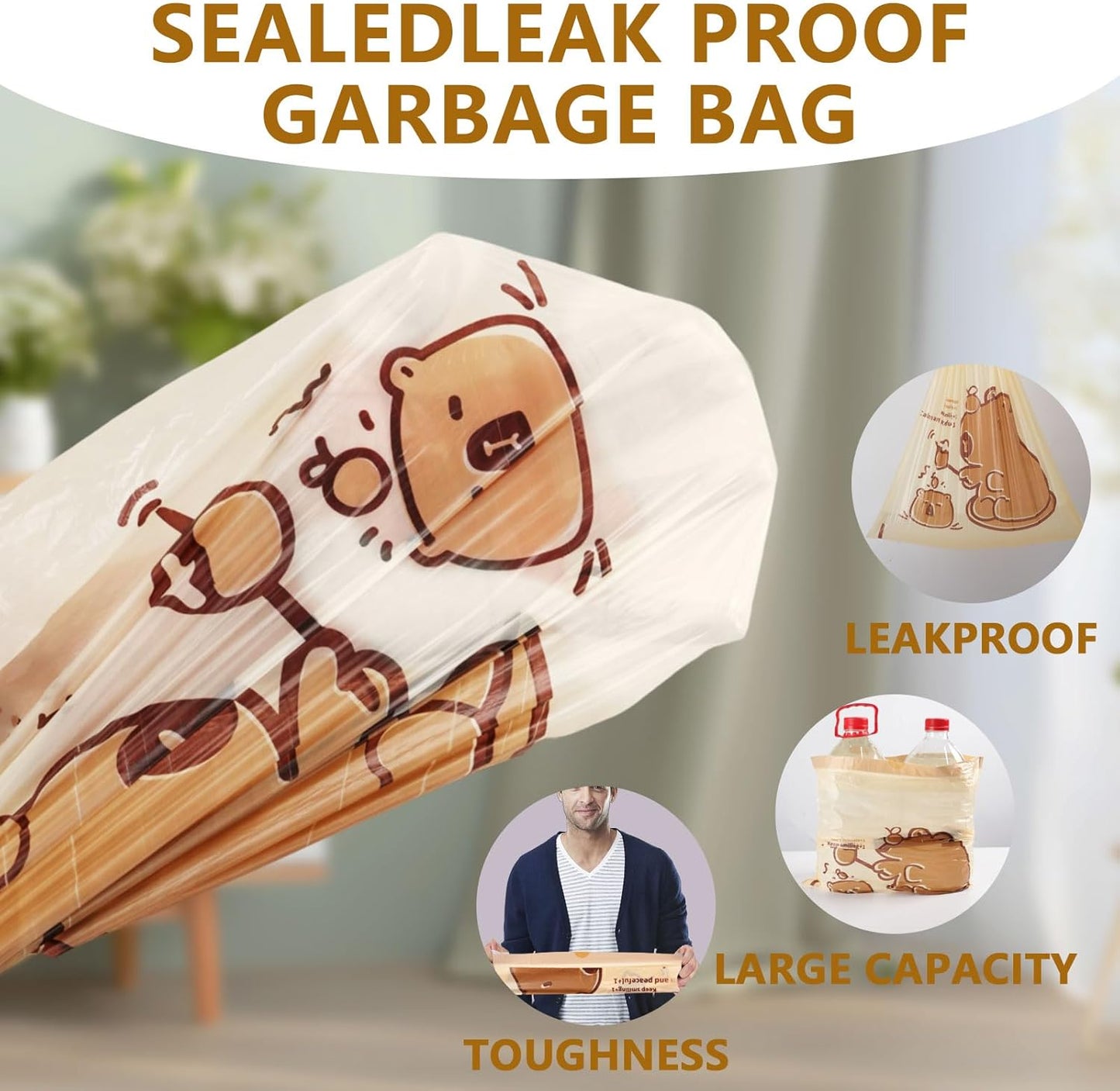 VOK 8 Gallon Trash Bags with Capybara Printed, Drawstring Medium Garbage Bags, Tear-Resistant & Leak-Proof Kitchen/Office Trash Can Liners, Trash Bags 8 Gallon with Secure Tie, 50 Counts