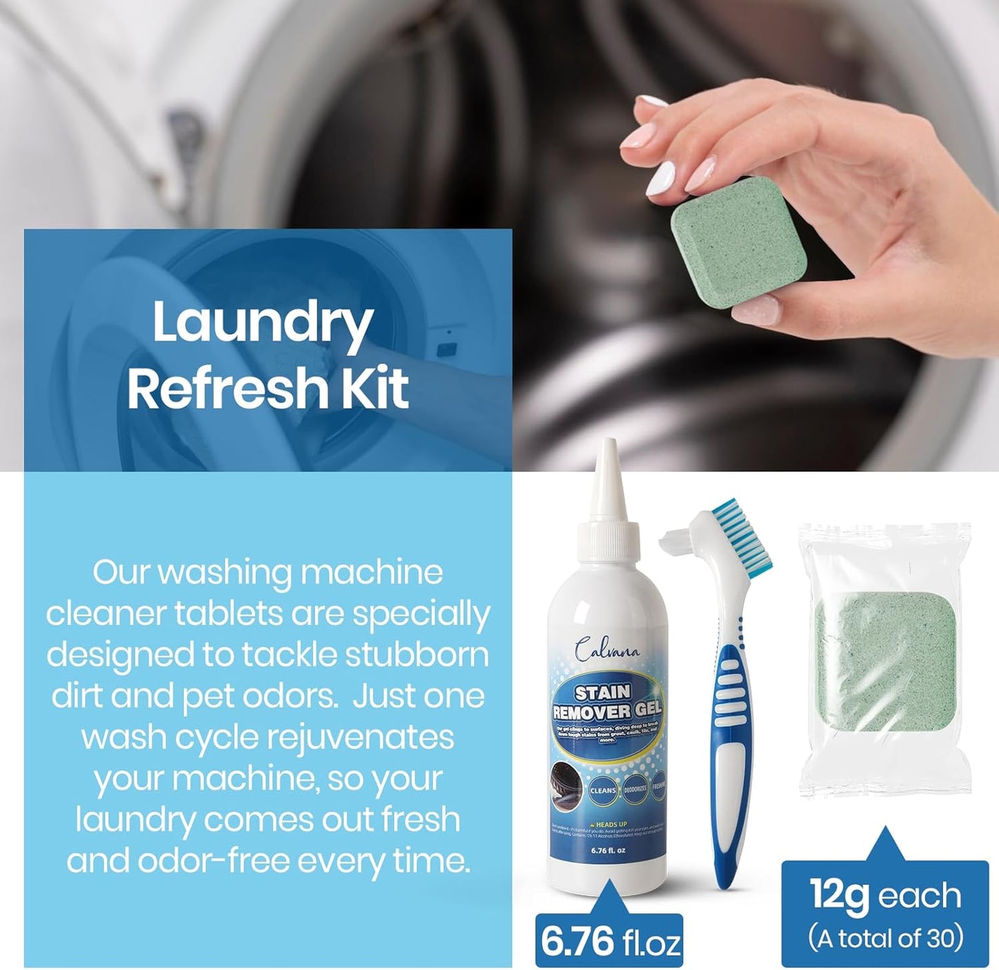 Laundry Refresh Kit, 30 Washing Machine Cleaner Tablets, 6.76 fl. oz Stain Remover Gel, Cleaning Brush, Tackles Pet Odors & Stains on Grout/Caulk, Family & Pet Safe, 12-Month Supply