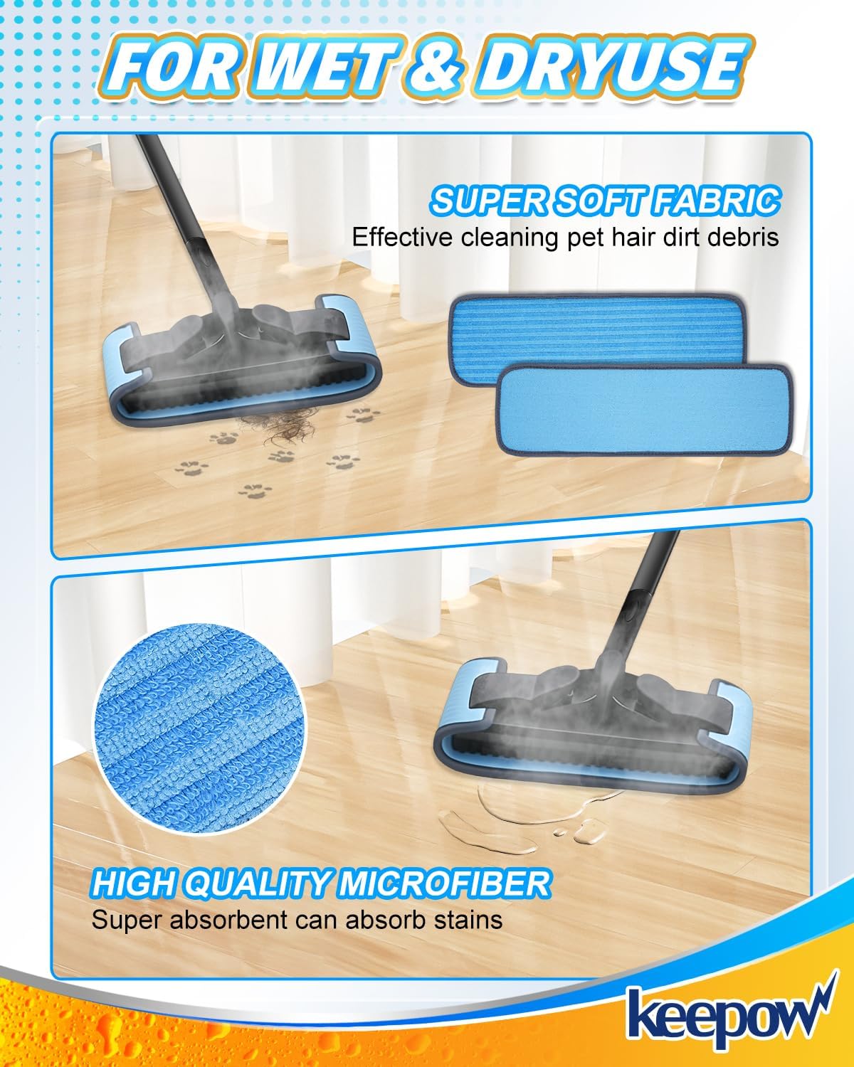 KEEPOW Reusable Microfiber Mop Pads Compatible with Wagner 905e, 915e and 925e Steamers, Reusable Microfiber Cleaning Replacement Pads, Double-Sided Use, Steam Mop Pads, 4 Pack (Mop is Not Included)