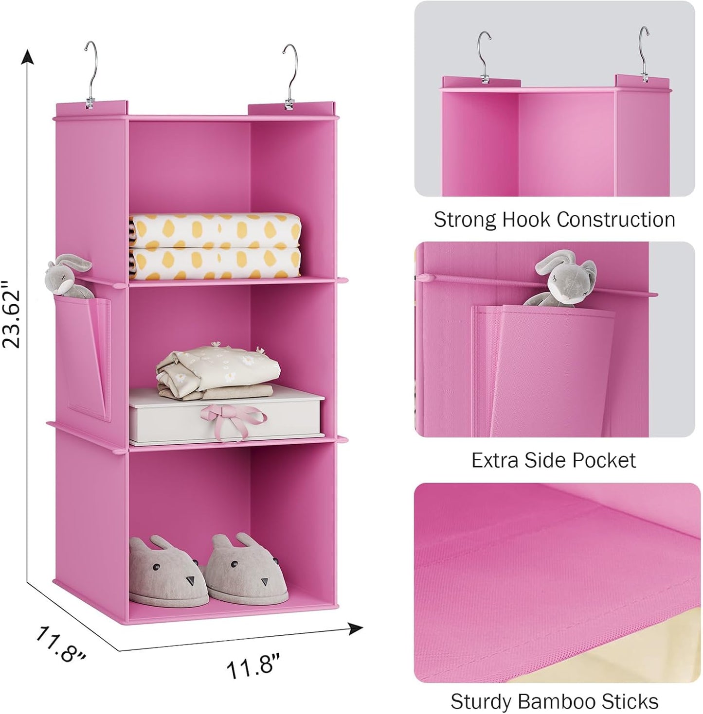 YOUDENOVA Hanging Closet Organizer, 3-Shelf Closet Hanging Storage Shelves, Light Pink
