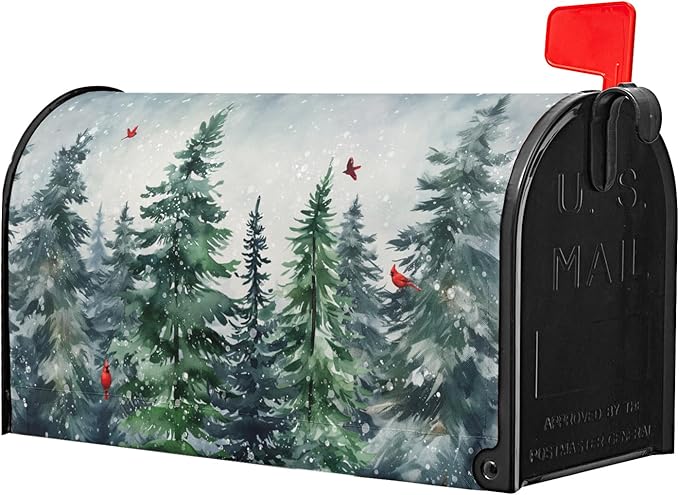 Winter Watercolor Tree Magnetic Mailbox Cover Standard Size 21x18 Inch Christmas Dark Green Pine Trees Mail Box Post Cover Rustic Forest Red Bird Letter Box Wraps for Home Outdoor Garden Yard Decor